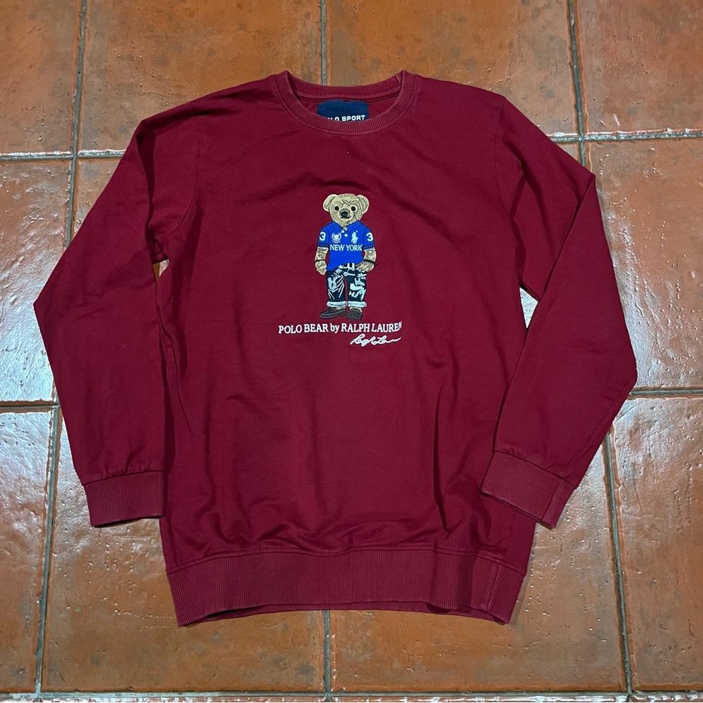 Men’s Polo Sport Ralph Lauren New York Bear Fleece Maroon Red Sweatshirt sz M